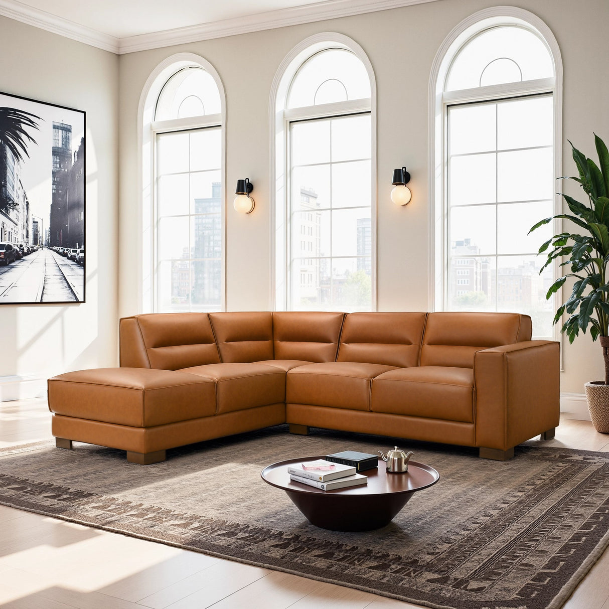 Muncie L-Shaped Sofa with Plush Cushions & Walnut Wood Legs by Ashcroft Imports at Eve Furniture