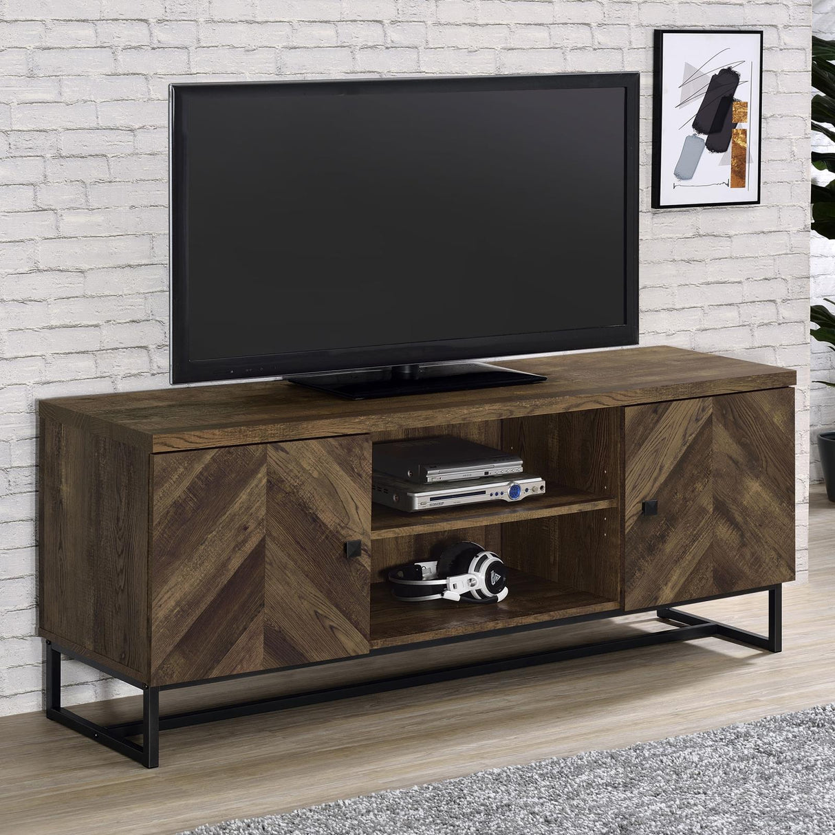 Myles 2-Door TV Console with Adjustable Shelves Rustic Oak Herringbone