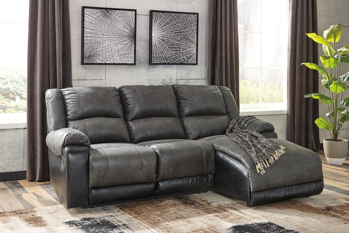 Nantahala Slate 3-Piece Reclining Sectional with RAF Chaise by Ashley at Eve Furniture