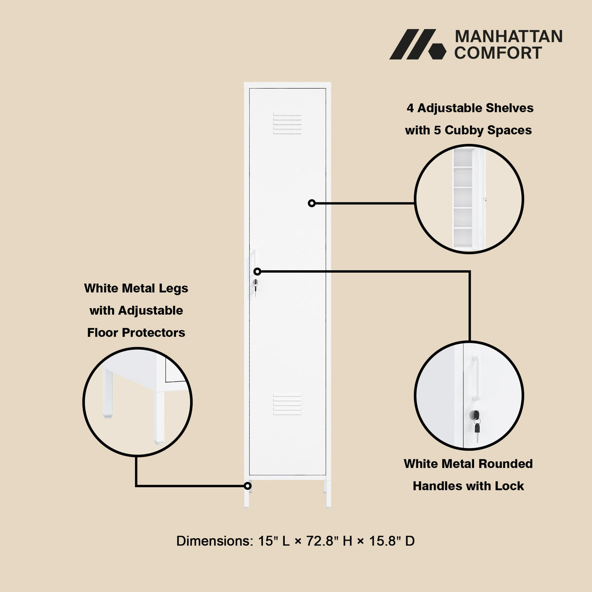 Naomi 15" Single Locker Storage Cabinet in White by Manhattan Comfort at Eve Furniture
