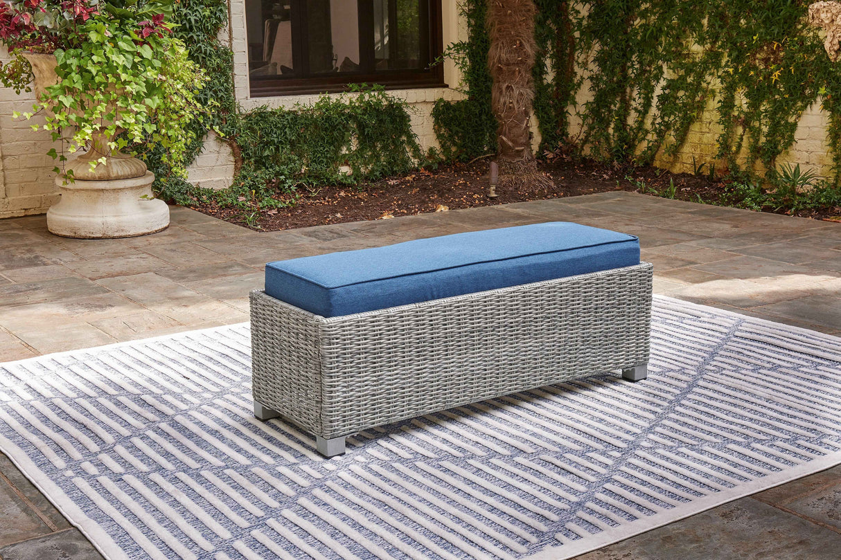 Naples Beach Light Gray Outdoor Bench with Cushion by Ashley at Eve Furniture