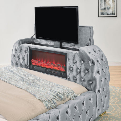 Natalia Gray King Upholstered Fireplace Bed with TV Lift by Crown Mark at Eve Furniture
