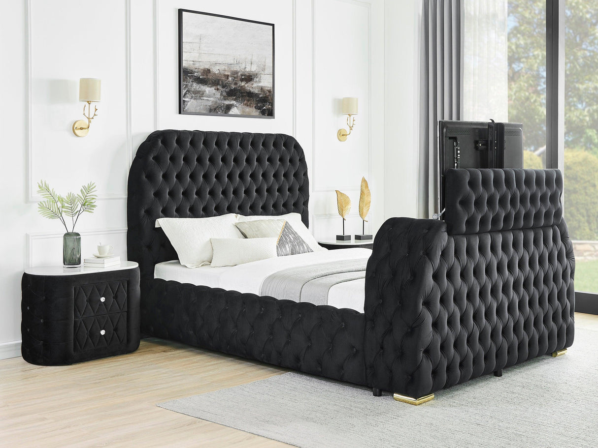 Natalia Black King Upholstered Fireplace Bed with TV Lift by Crown Mark at Eve Furniture