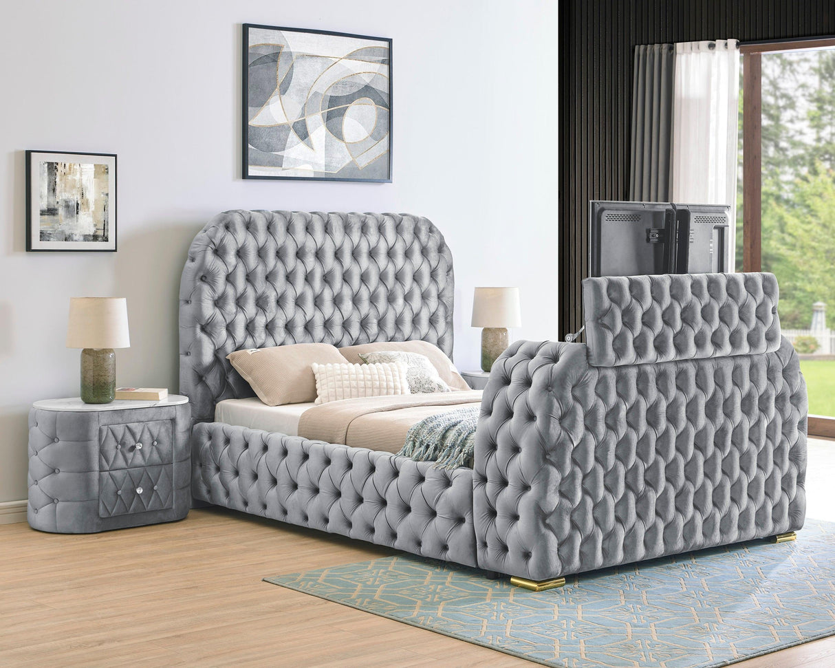 Natalia Gray King Upholstered Fireplace Bed with TV Lift by Crown Mark at Eve Furniture