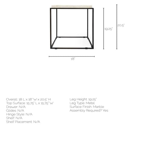 Nathan II Square Top White Marble and Black Metal End/Side Table by Mercana at Eve Furniture