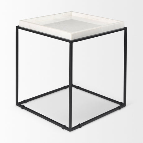 Nathan II Square Top White Marble and Black Metal End/Side Table by Mercana at Eve Furniture