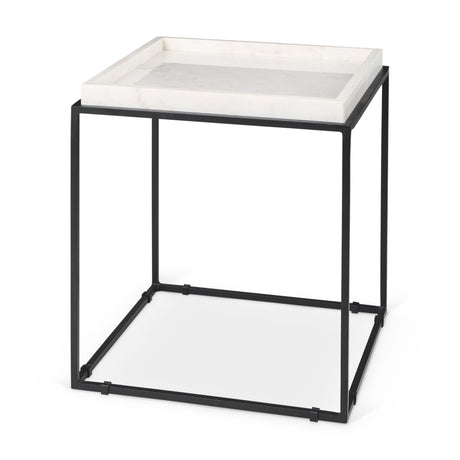Nathan II Square Top White Marble and Black Metal End/Side Table by Mercana at Eve Furniture