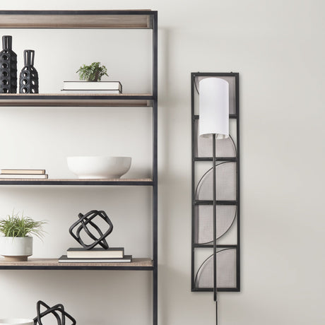 Navin Black Metal Body White Fabric Shade Rectangular Wall Sconce by Mercana at Eve Furniture