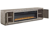 Naydell Gray 92" TV Stand with Electric Fireplace by Ashley at Eve Furniture