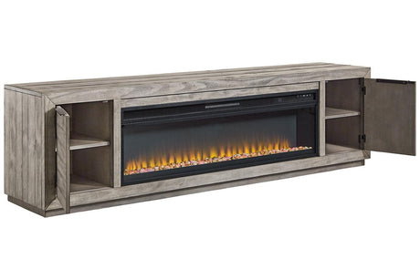 Naydell Gray 92" TV Stand with Electric Fireplace by Ashley at Eve Furniture