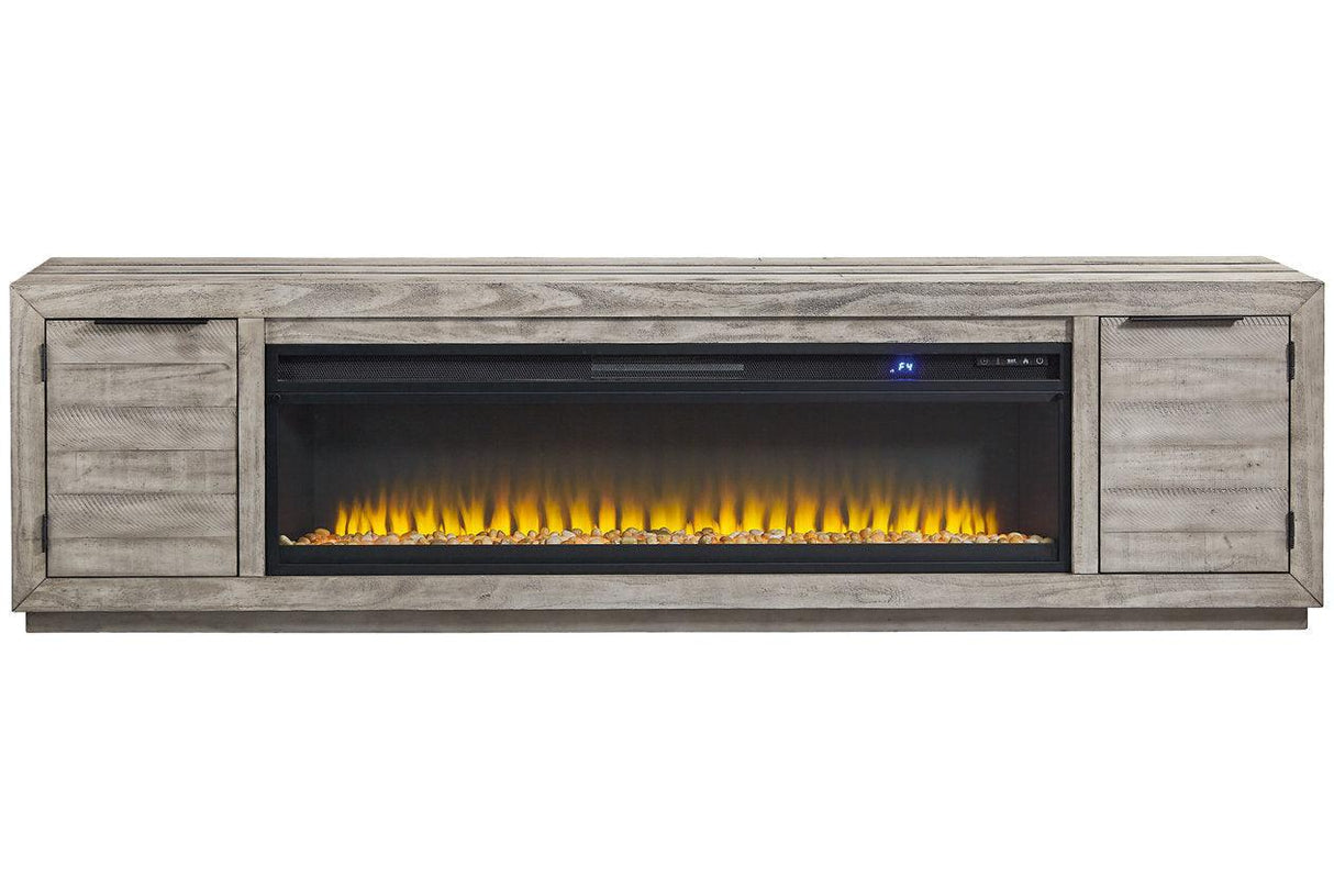 Naydell Gray 92" TV Stand with Electric Fireplace by Ashley at Eve Furniture