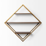 Neil I Diamond Shape Wall Mounted Brass Frame w Three Wood Wall Shelves by Mercana at Eve Furniture
