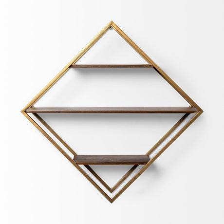 Neil I Diamond Shape Wall Mounted Brass Frame w Three Wood Wall Shelves by Mercana at Eve Furniture