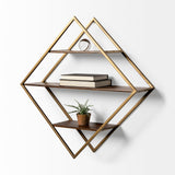 Neil I Diamond Shape Wall Mounted Brass Frame w Three Wood Wall Shelves by Mercana at Eve Furniture