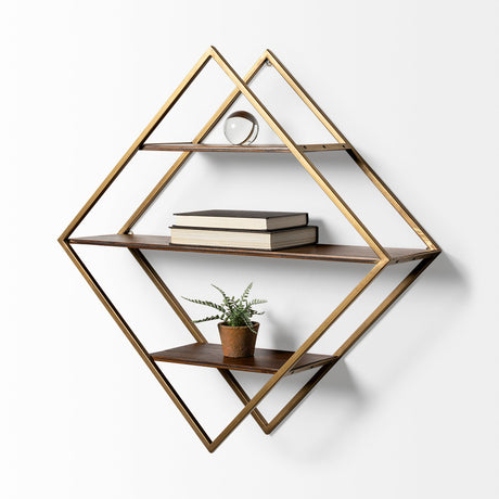 Neil I Diamond Shape Wall Mounted Brass Frame w Three Wood Wall Shelves by Mercana at Eve Furniture