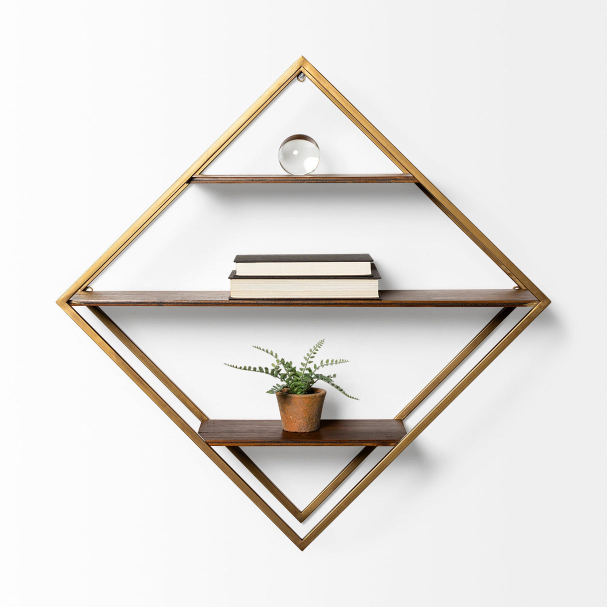 Neil I Diamond Shape Wall Mounted Brass Frame w Three Wood Wall Shelves by Mercana at Eve Furniture