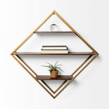 Neil I Diamond Shape Wall Mounted Brass Frame w Three Wood Wall Shelves by Mercana at Eve Furniture