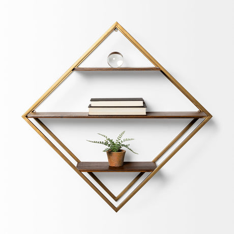 Neil I Diamond Shape Wall Mounted Brass Frame w Three Wood Wall Shelves by Mercana at Eve Furniture