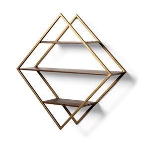 Neil I Diamond Shape Wall Mounted Brass Frame w Three Wood Wall Shelves by Mercana at Eve Furniture