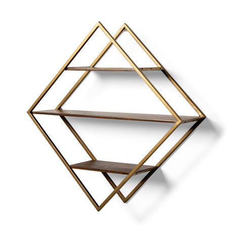Neil I Diamond Shape Wall Mounted Brass Frame w Three Wood Wall Shelves by Mercana at Eve Furniture