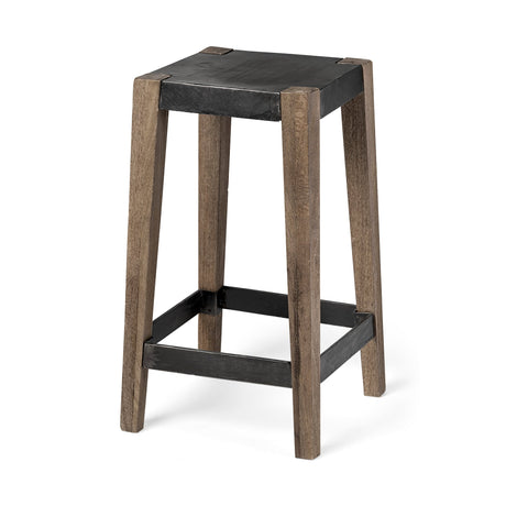 Nell Black Metal Seat & Foot Rest With Brown Wood Legs Stool by Mercana at Eve Furniture