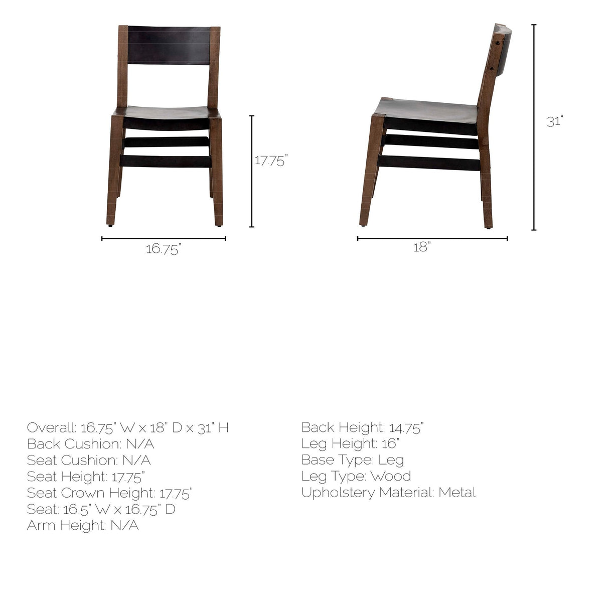 Nell I Black Iron Seat Solid Brown Wooden Base Dining Chair by Mercana at Eve Furniture