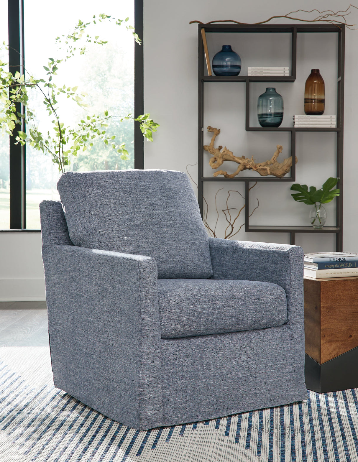 Nenana Next-Gen Nuvella Denim Swivel Glider Accent Chair