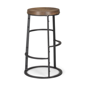 Neo 26.3" Seat Height Brown Wood Seat Black Metal Frame Stool by Mercana at Eve Furniture