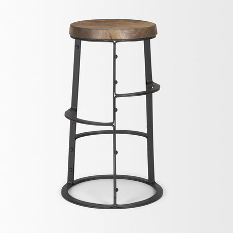 Neo Brown Wood Seat Black Metal Frame Stool by Mercana at Eve Furniture