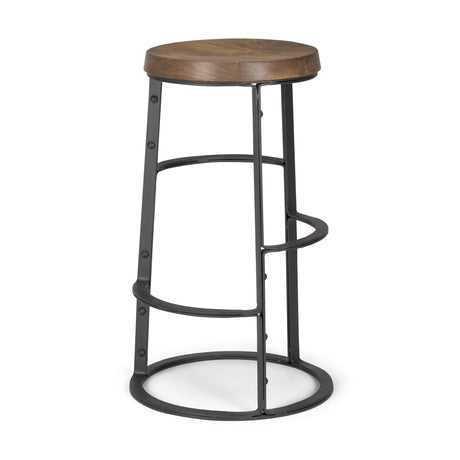 Neo Brown Wood Seat Black Metal Frame Stool by Mercana at Eve Furniture