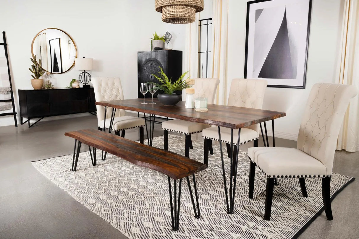 Neve Sheesham Gray/Gunmetal Live-edge Dining Table with Hairpin Legs by Coaster at Eve Furniture
