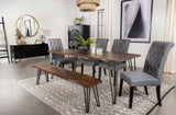 Neve Sheesham Gray/Gunmetal Live-edge Dining Table with Hairpin Legs by Coaster at Eve Furniture
