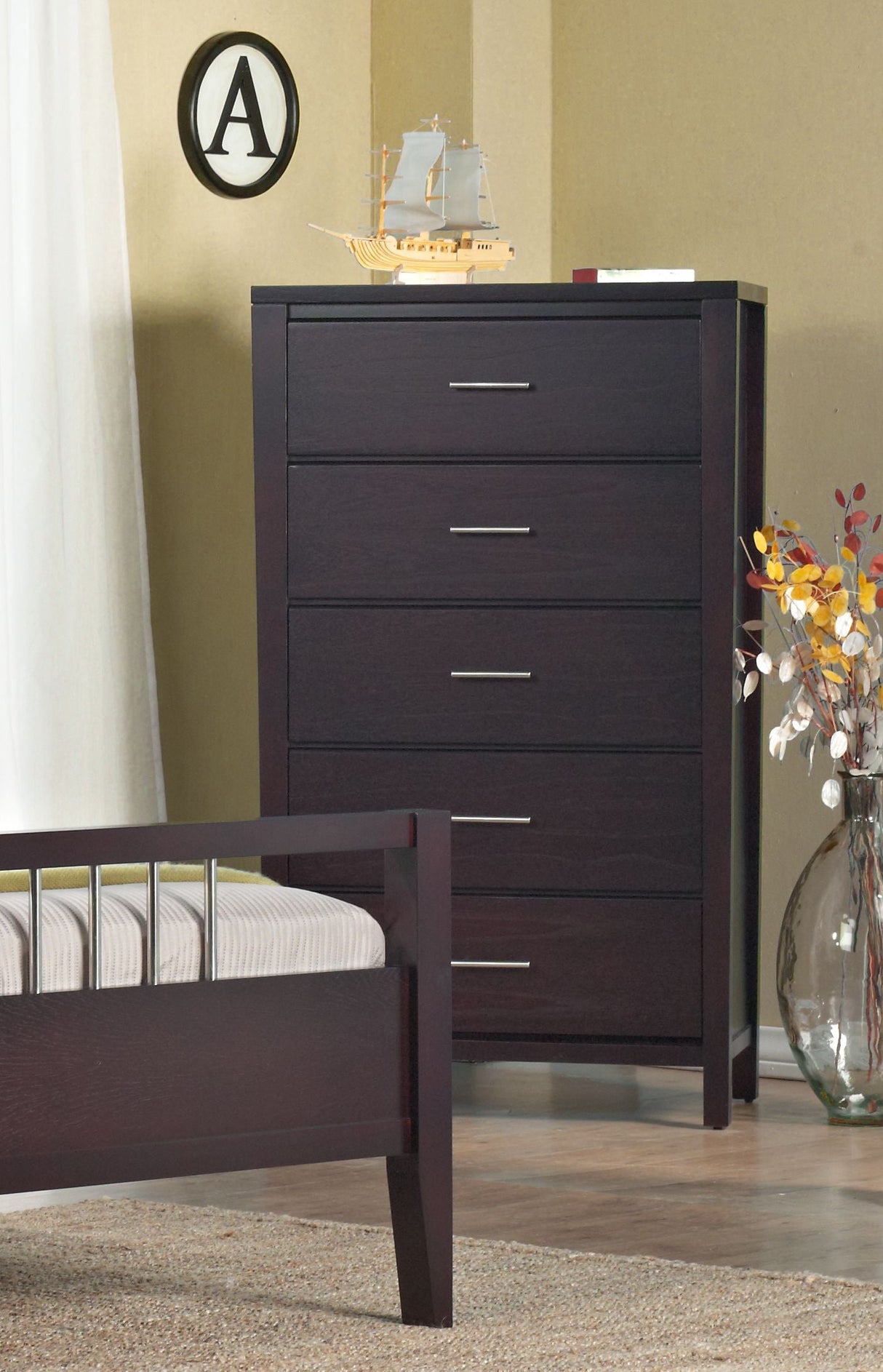 Nevis Five Drawer Chest in Espresso by Modus Furniture at Eve Furniture