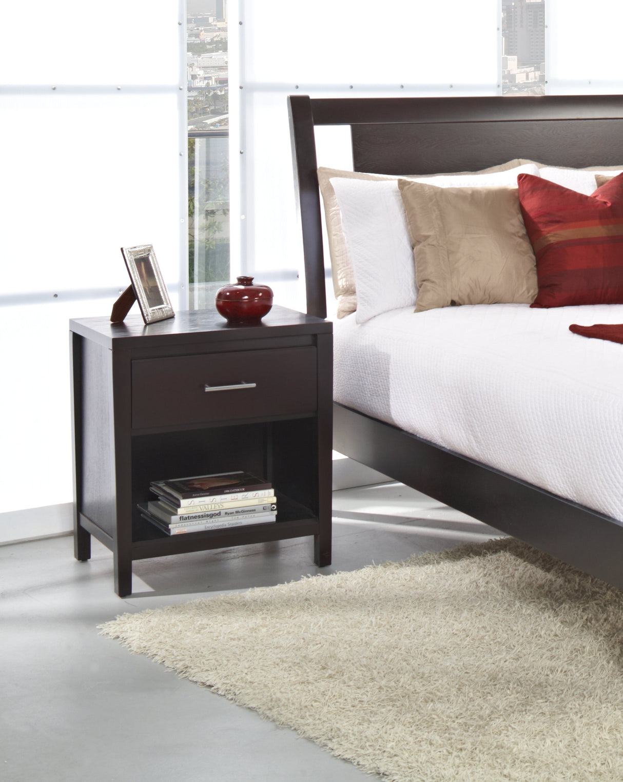 Nevis One Drawer Nightstand in Espresso by Modus Furniture at Eve Furniture