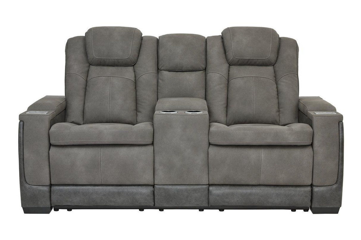 Next-Gen DuraPella Slate Dual Power Reclining Loveseat with Console by Ashley at Eve Furniture