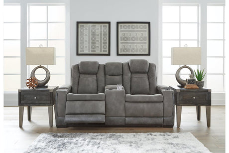 Next-Gen DuraPella Slate Dual Power Reclining Loveseat with Console by Ashley at Eve Furniture
