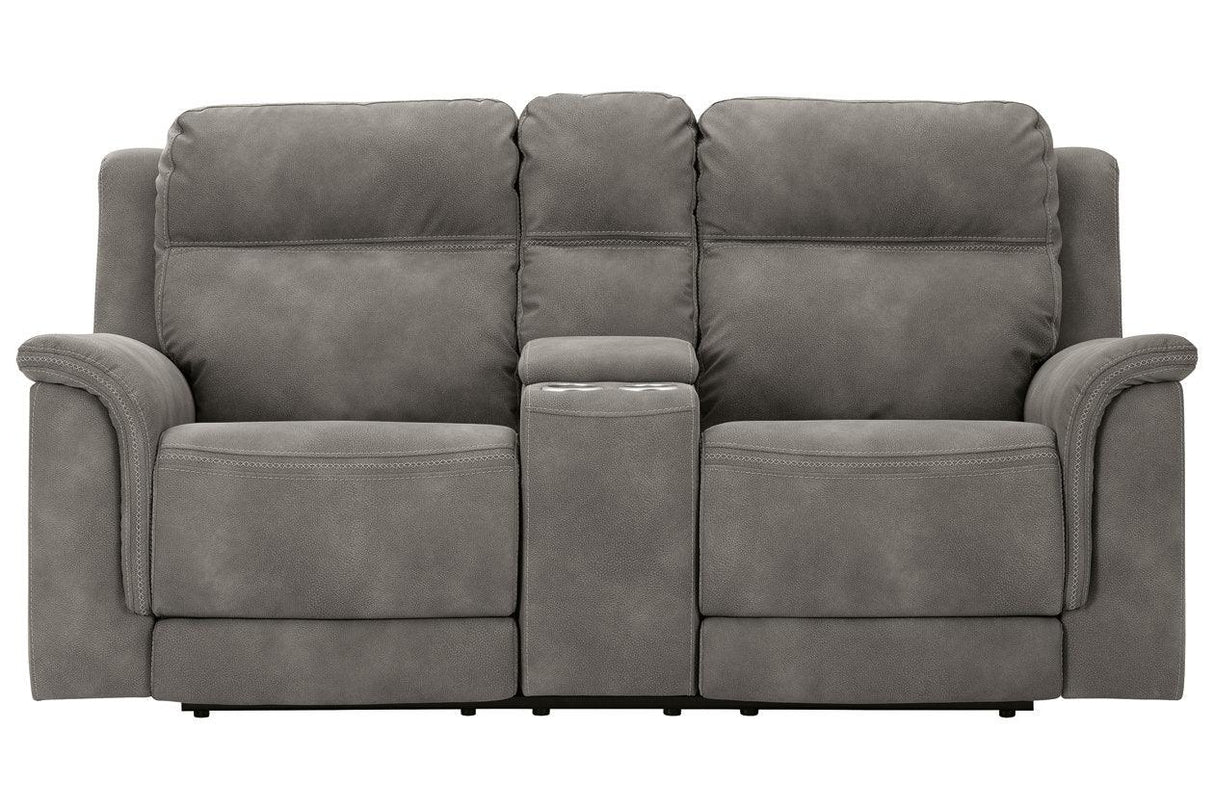 Next-Gen DuraPella Slate Dual Power Reclining Loveseat with Console by Ashley at Eve Furniture