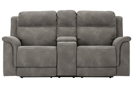 Next-Gen DuraPella Slate Dual Power Reclining Loveseat with Console by Ashley at Eve Furniture