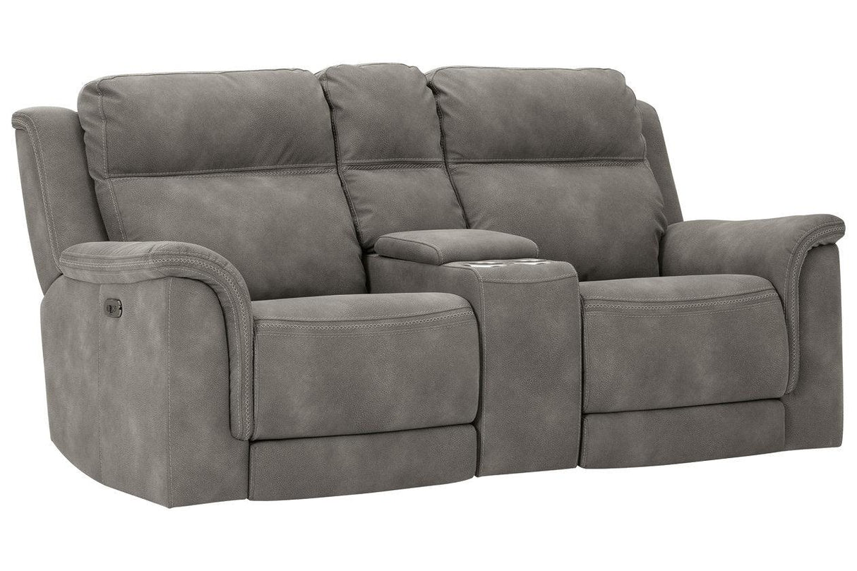 Next-Gen DuraPella Slate Dual Power Reclining Loveseat with Console by Ashley at Eve Furniture