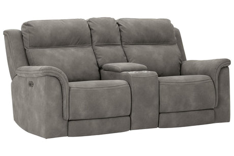 Next-Gen DuraPella Slate Dual Power Reclining Loveseat with Console by Ashley at Eve Furniture