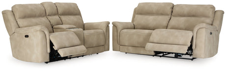 Next-Gen DuraPella Sand Performance Fabric Dual Power Reclining Sofa and Loveseat by Ashley at Eve Furniture