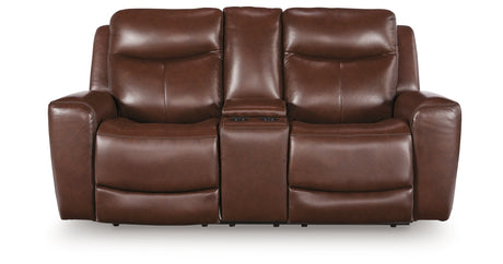Next Move Mahogany Power Reclining Loveseat with Console by Ashley at Eve Furniture