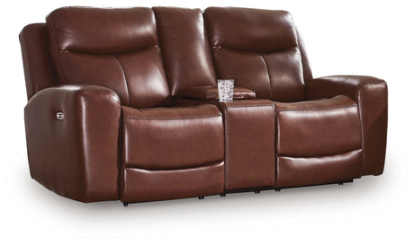 Next Move Mahogany Power Reclining Loveseat with Console by Ashley at Eve Furniture