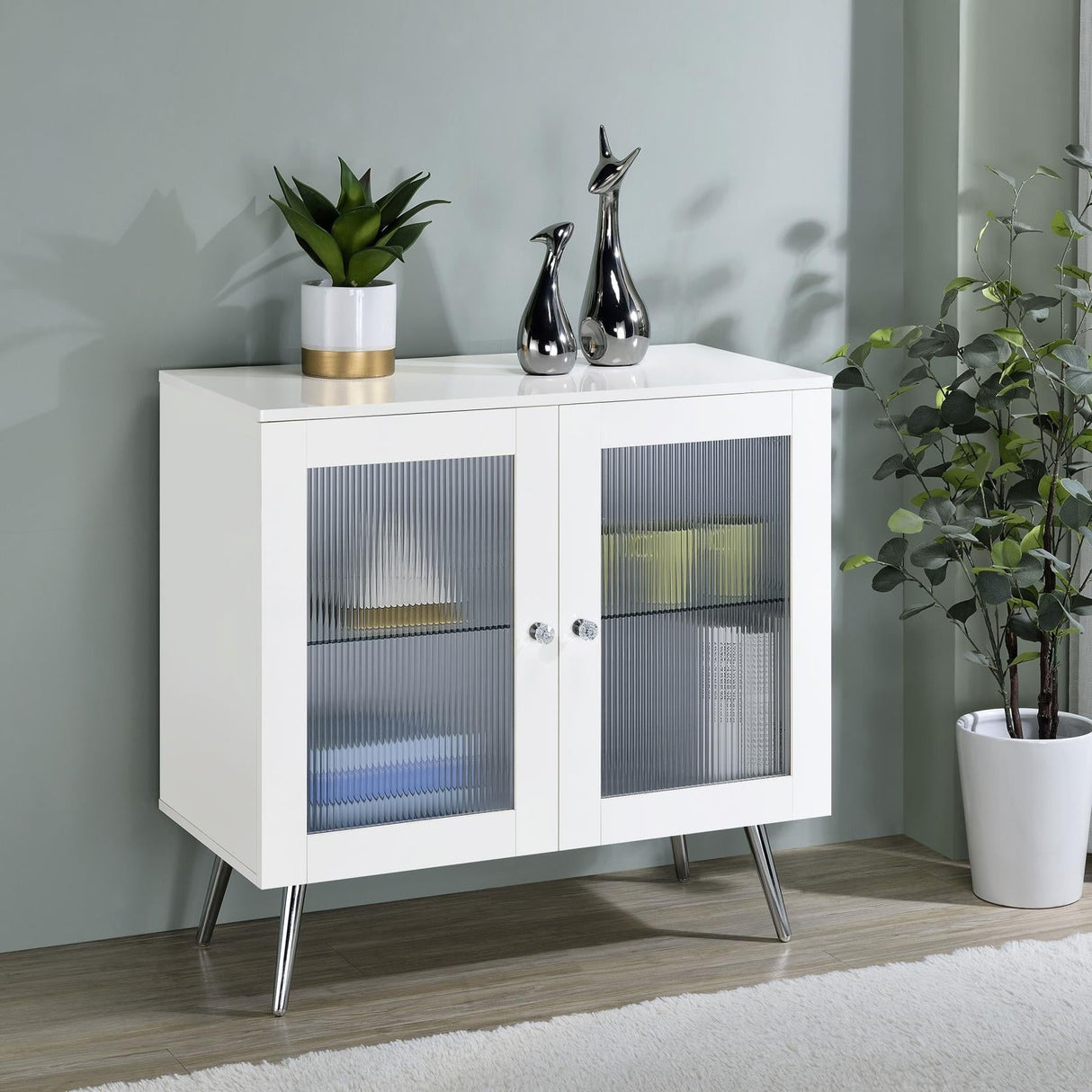 Nieta White High Gloss/Chrome 2-Tier Accent Cabinet with Glass Shelf