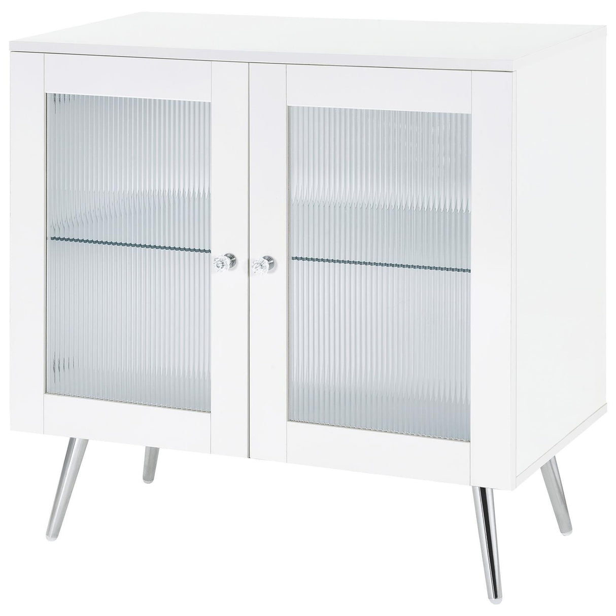 Nieta White High Gloss/Chrome 2-Tier Accent Cabinet with Glass Shelf by Coaster at Eve Furniture