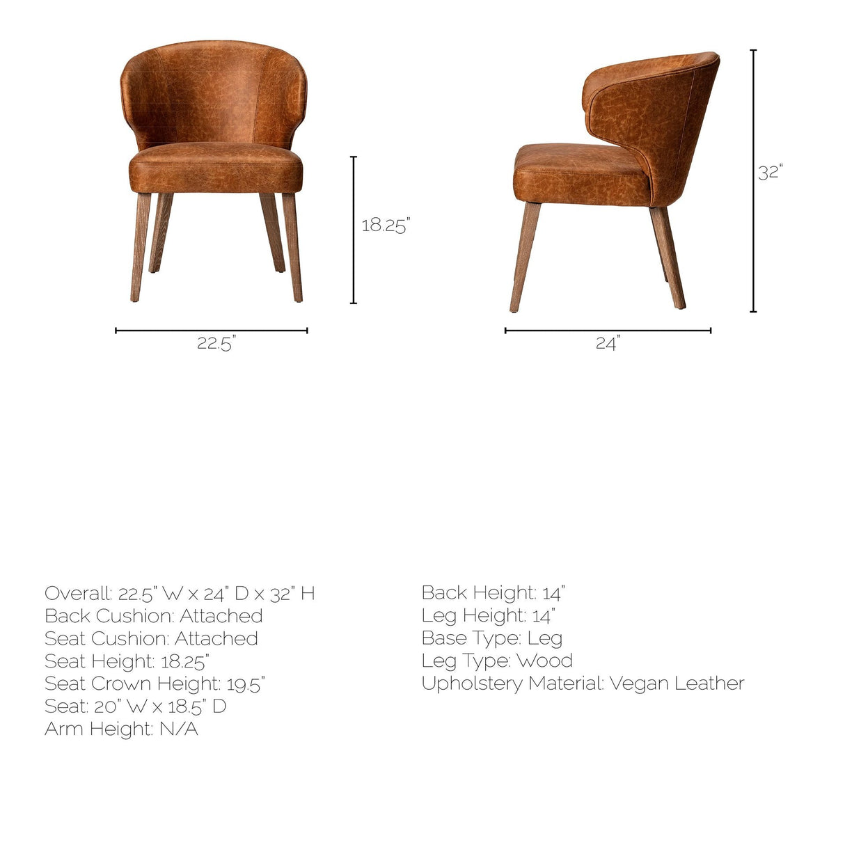 Niles 22.5L x 24.0W x 32.0H Brown Faux Leather Seat W/Brown Wooden Legs Wingback Dining Chair by Mercana at Eve Furniture