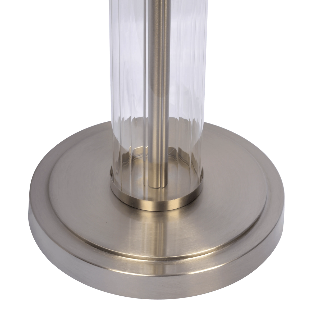 Nimbus Brushed Nickel Floor Lamp with 3-Way Rotary Switch Clear Glass Body Metal Base by Ashcroft Furniture at Eve Furniture