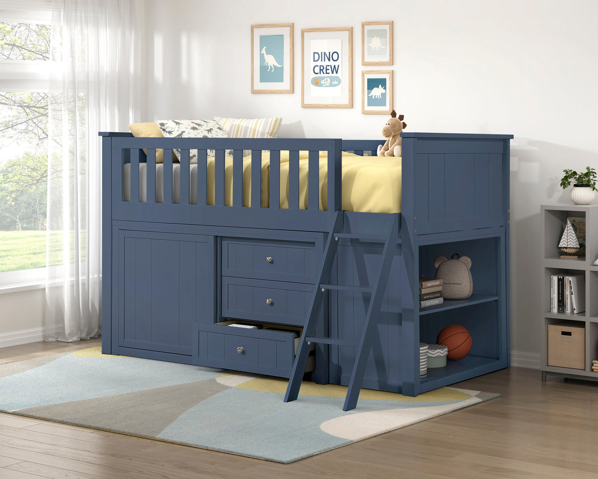 Nora Blue Low Loft Bunk with Bookcase and Dresser by Homelegance at Eve Furniture