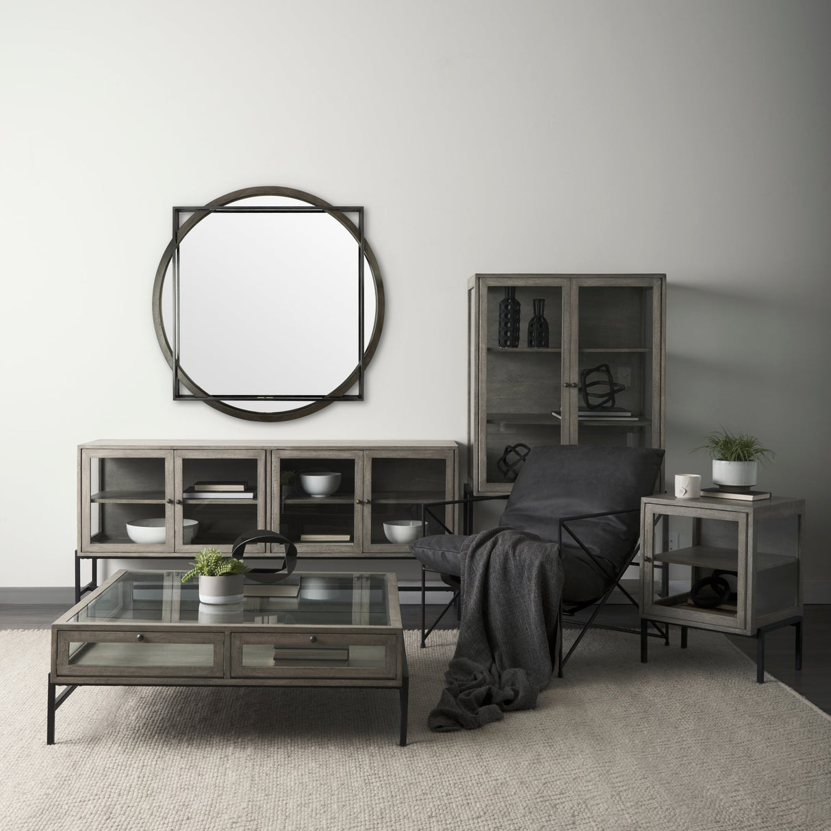 Norbert Round-Square Black Wood/Metal Frame Mirror by Mercana at Eve Furniture