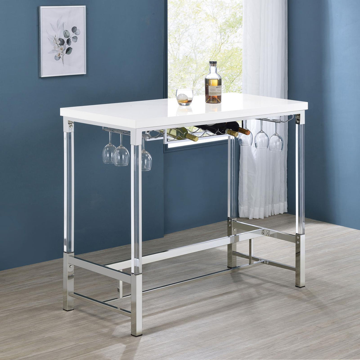 Norcrest White High Gloss Pub Height Bar Table with Acrylic Legs and Wine Storage by Coaster at Eve Furniture